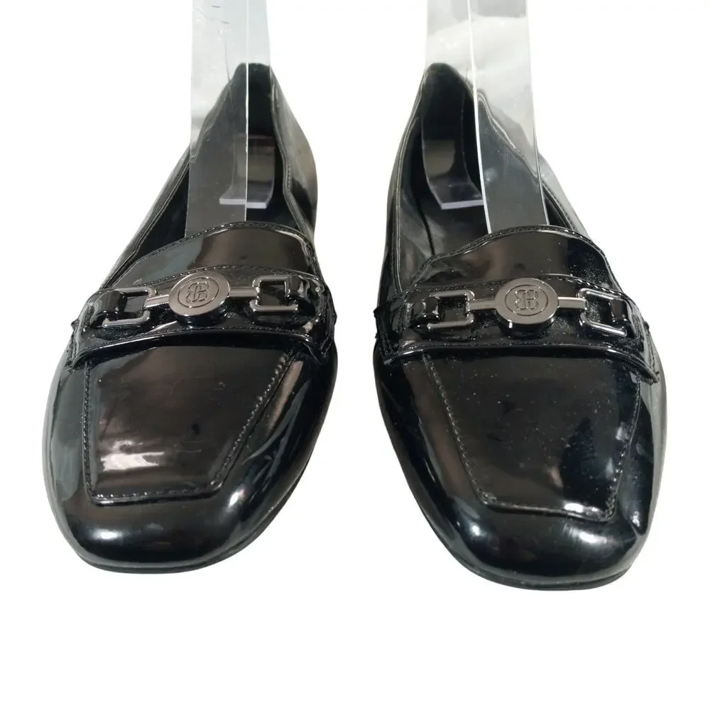 BANDOLINO! FLORA BLACK PATENT LEATHER FRONT METAL HARNESS NIPPED TOE FLATS!SZ 8M